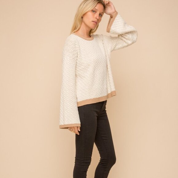 HEM & THREAD Chic Textured Knit Sweater, Cream Beige, Cozy Neutral Pullover - Picture 2 of 4